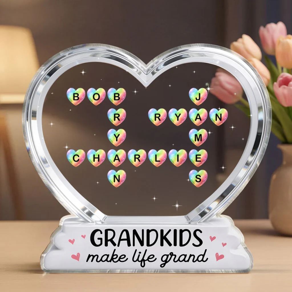 Grandkids Make Life Grand Crossword Puzzle Art Colorful Hearts 2d Flat - Personalized Acrylic Block Plaque - Gift For Grandma