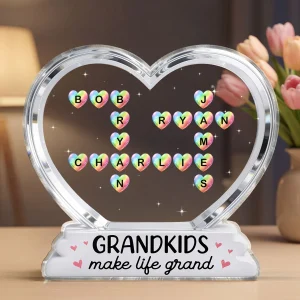 Grandkids Make Life Grand Crossword Puzzle Art Colorful Hearts 2d Flat - Personalized Acrylic Block Plaque - Gift For Grandma