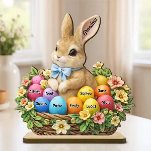 Grandma Grandkids Easter Bunny Basket - Personalized 2-layered Wooden Plaque - Gift For Grandma